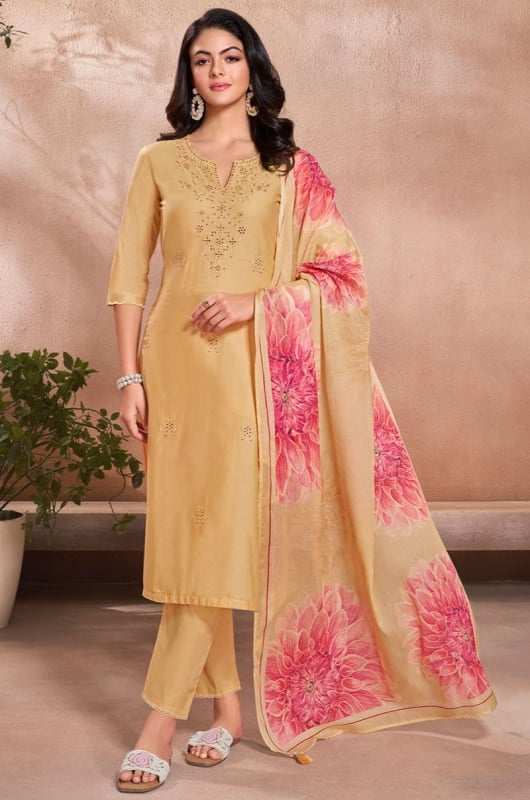 Beige Embroidered Cotton Readymade Pant Kameez
