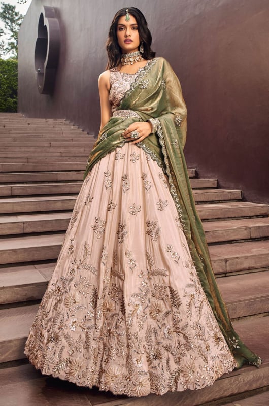 Beige Embroidered Designer Lehenga Choli Set for Ceremonial