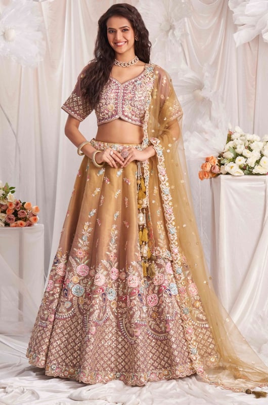 Beige Embroidered Designer Lehenga Choli Set for Ceremonial