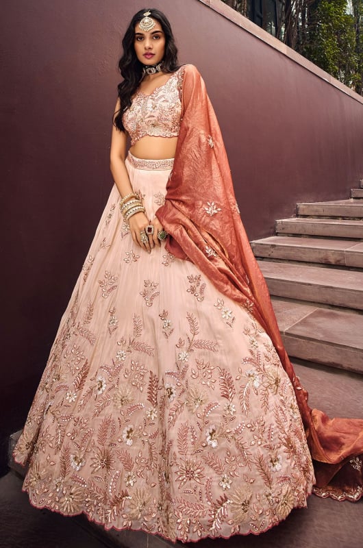 Beige Embroidered Viscose Rayon Designer Lehenga Set