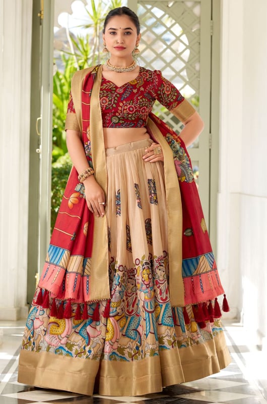 Beige Kalamkari Print Dola Silk Lehenga Choli