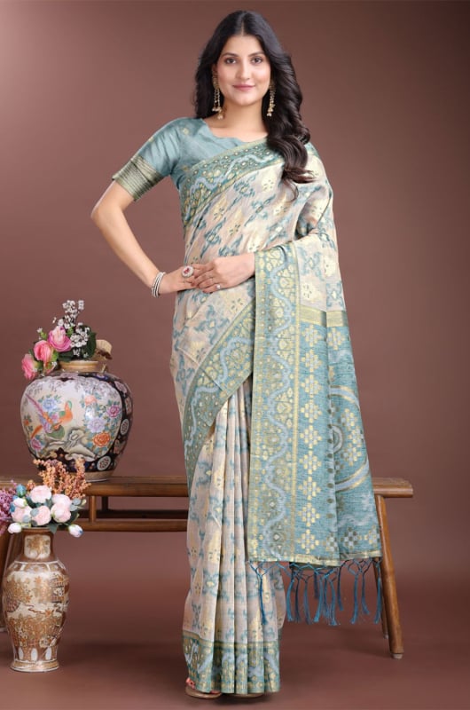 Beige Linen Cotton Woven Saree