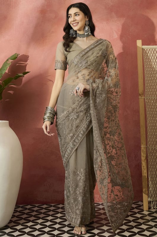 Beige Net Embroidered Party Wear Saree