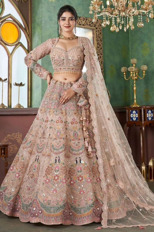 Beige Premium Net Heavy Designer Lehenga Choli for Wedding