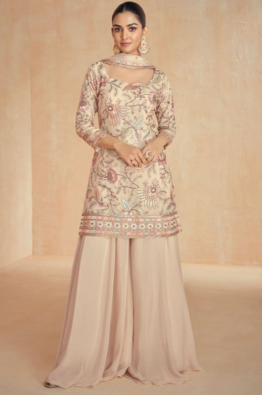 Beige Resham Embroidered Chinnon Silk Palazzo Kameez