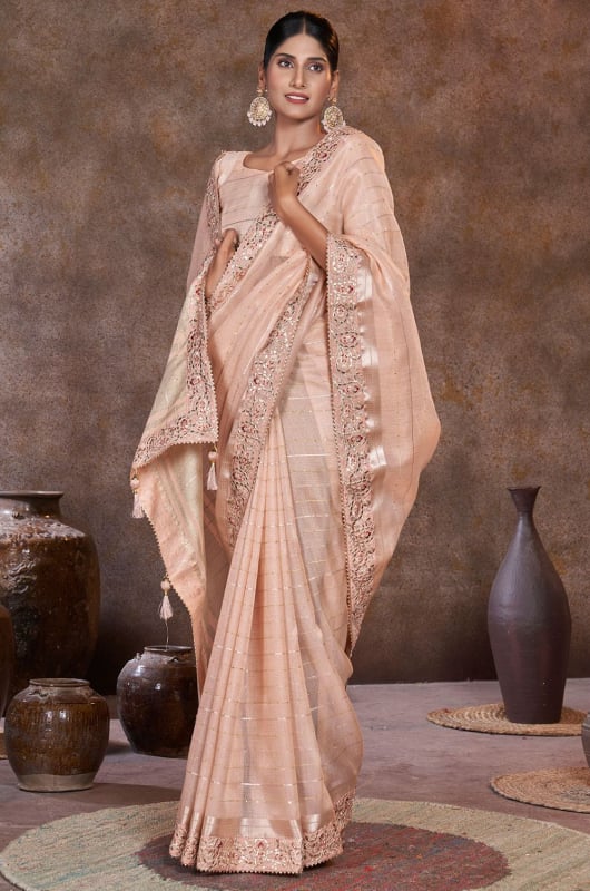 Beige Sequins Embellished Dyed Silk Saree