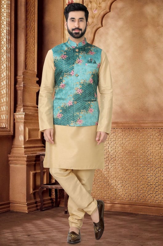 Beige Silk Kurta Pyjama Set with Jacket for Festival