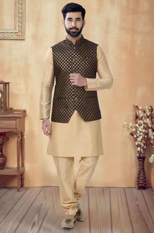 Beige Silk Kurta Pyjama Set with Jacket