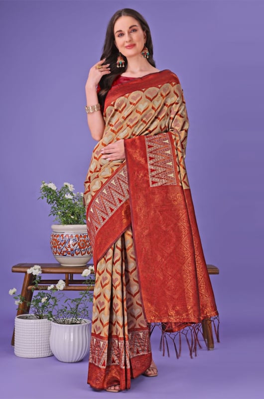 Beige Silk Saree for Ceremonial