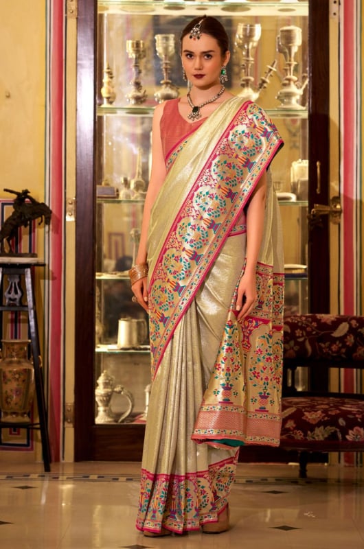 Beige Soft Tissue Silk Zari Woven Saree