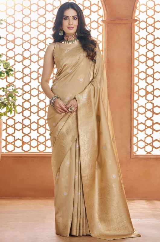 Beige Zari Woven Pure Banarasi Silk Saree