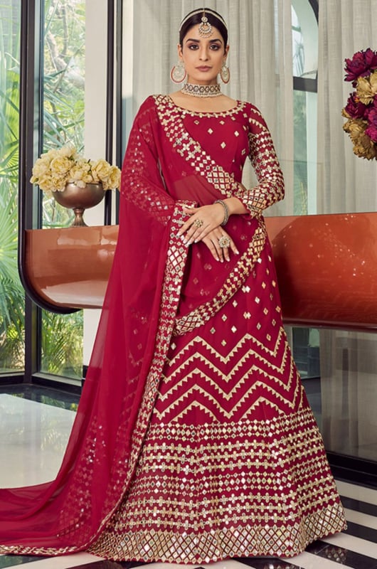 Berry Red Embroidered Georgette Lehenga Choli for Wedding