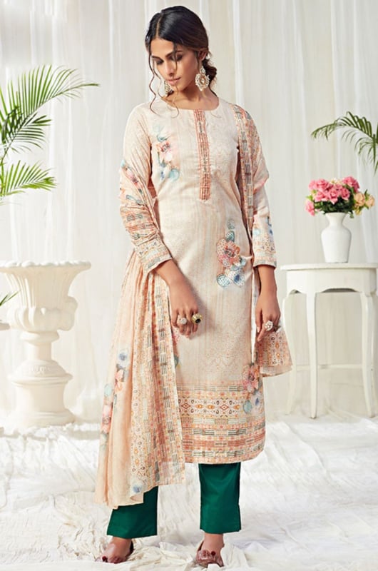 Bisque Cream Cotton Swarovski Work Party Wear Pant Kameez Suit