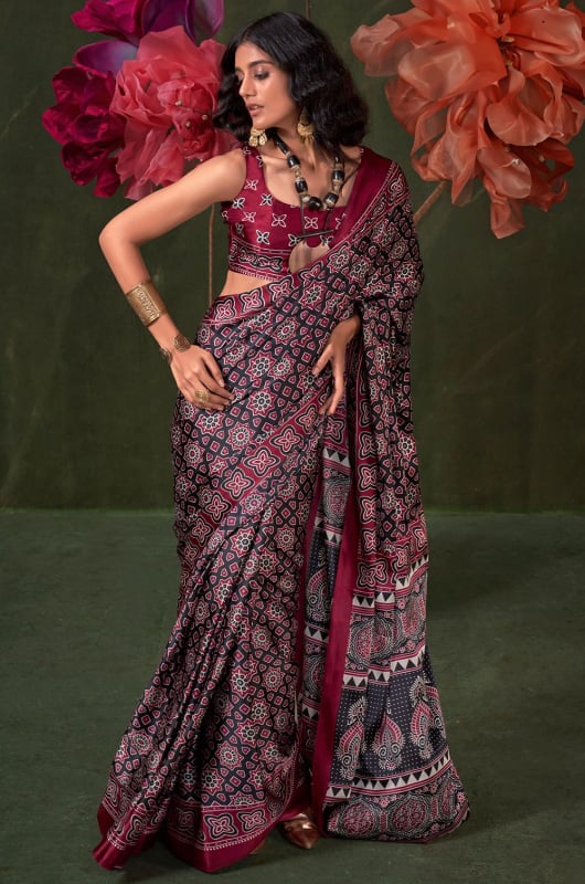 Black Ajrakh Print Satin Crepe Saree