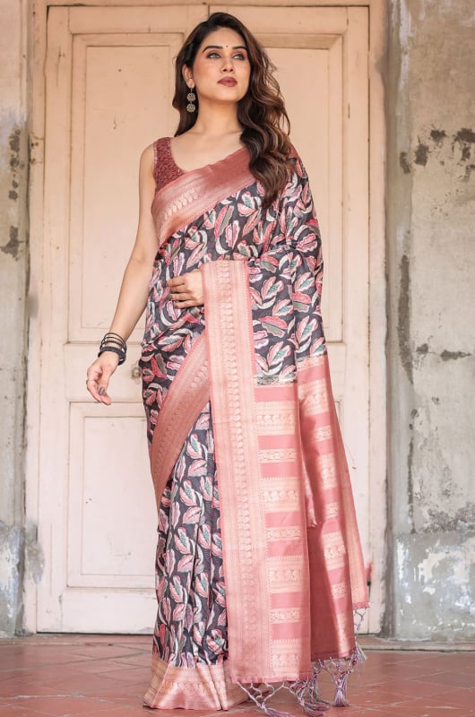 Black and Light Maroon Banarasi Silk Saree