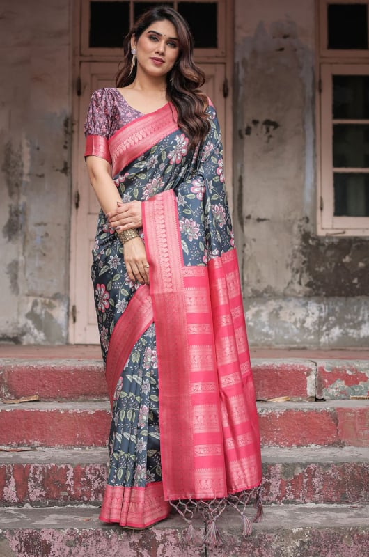 Black and Pink Banarasi Silk Saree