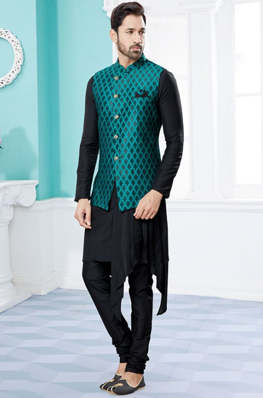 Black Art Silk Kurta Pyjama with Jacket