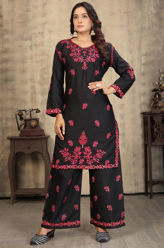 Black Chikankari Embroidered Rayon Slub Co-Ord Set