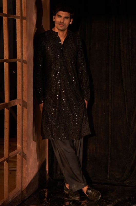 Black Cotton Men Kurta Set