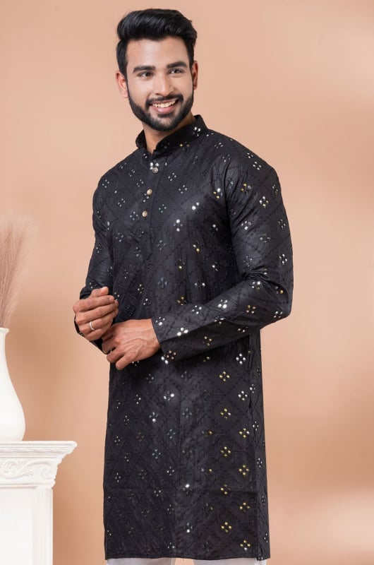 Black Cotton Mirror work Kurta