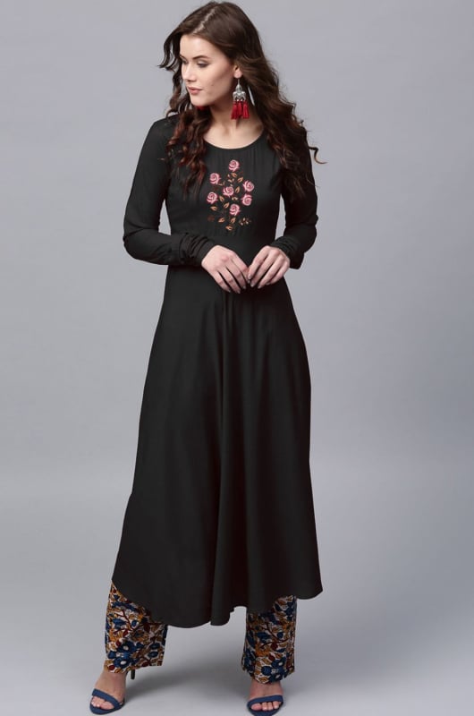Black Cotton Rayon Plus Size Kurta