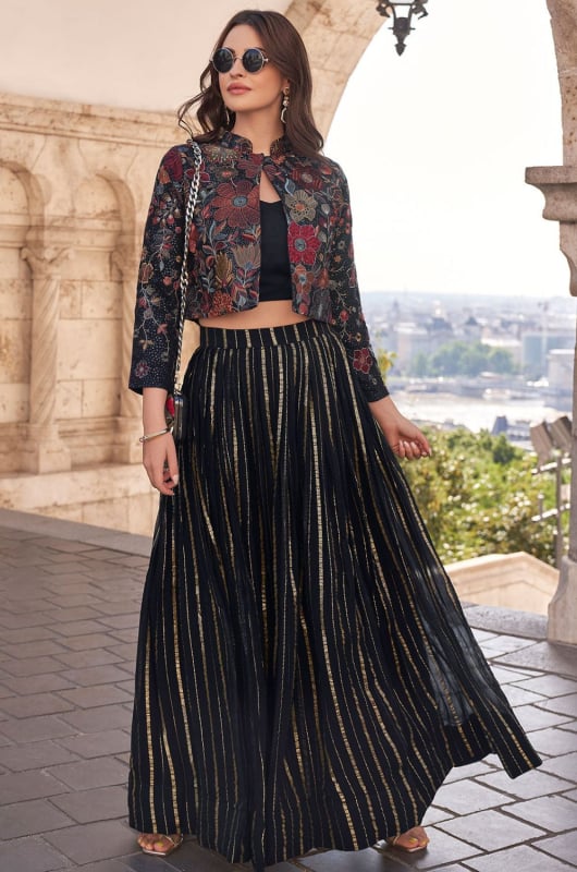 Black Designer Lehenga Choli with Embroidered Jacket