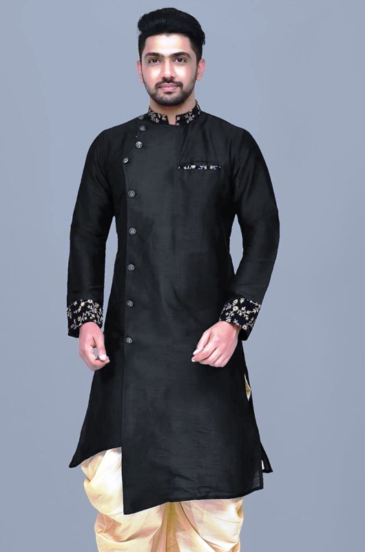 Black Dupion Silk Embroidered Kurta