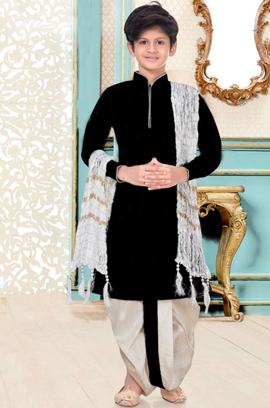 Black Dupion Silk Kids Dhoti Kurta Set for Festival