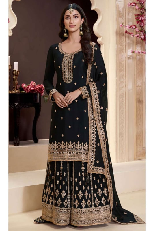 Black Embroidered Chinnon Palazzo Kameez