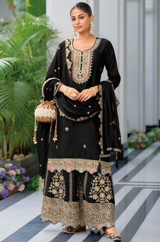 Black Embroidered Chinnon Palazzo Kameez