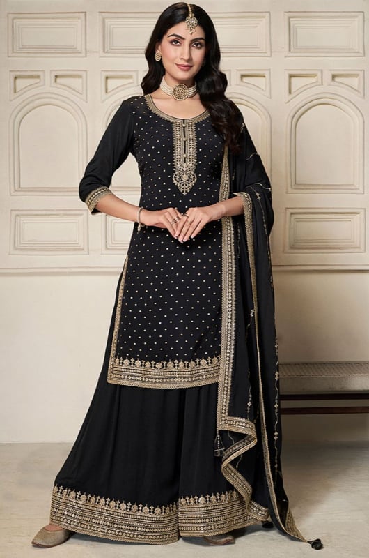 Black Embroidered Chinnon Readymade Palazzo Kameez