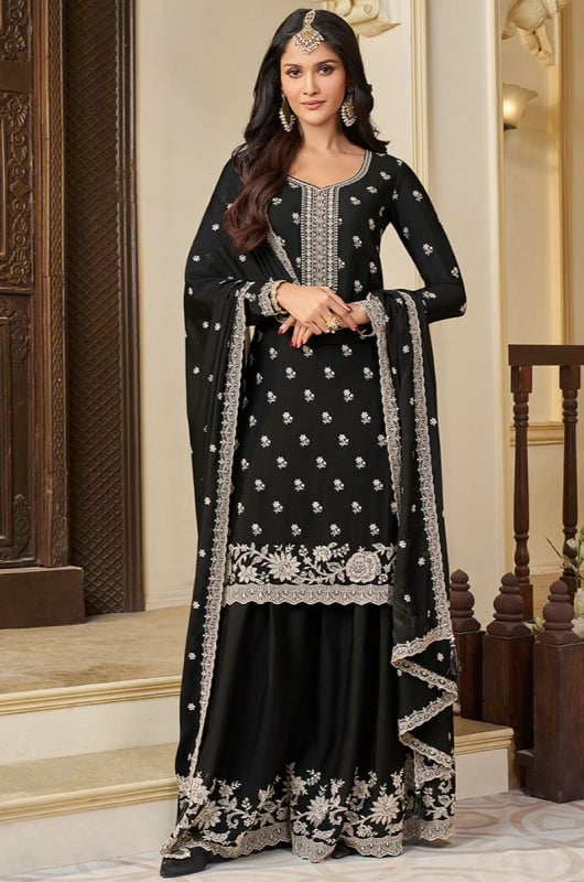 Black Embroidered Chinnon Readymade Palazzo Kameez