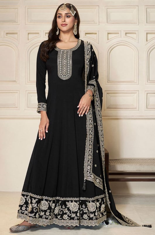 Black Embroidered Dola Silk Anarkali Gown with Dupatta