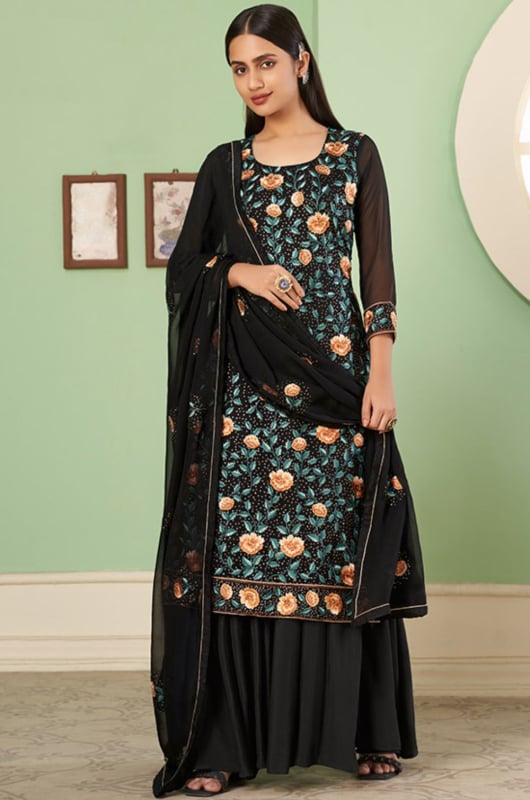 Black Embroidered Georgette Designer Sarara Kameez Suit