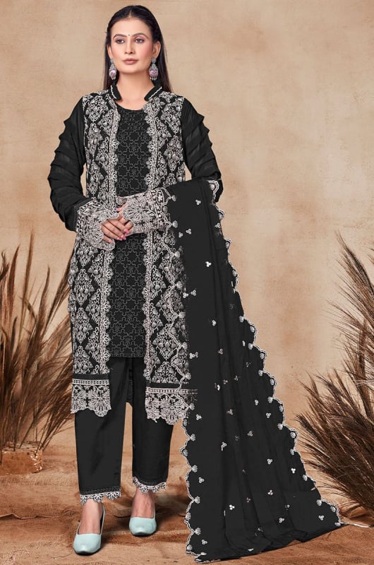 Black Embroidered Georgette Pant Kameez with Jacket