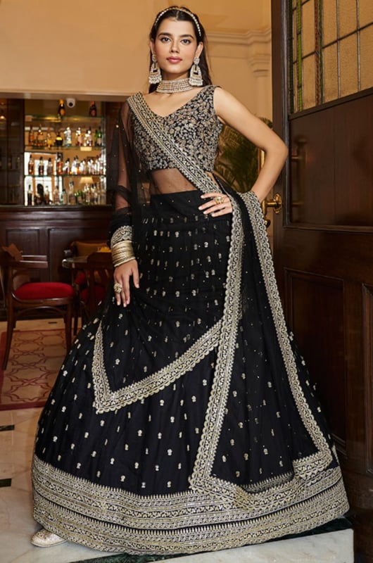 Black Embroidered Net Lehenga Choli Set for Wedding