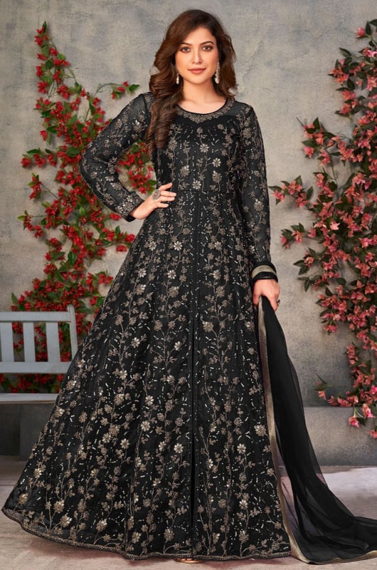 Black Embroidered Net Pant Kameez for Ceremonial