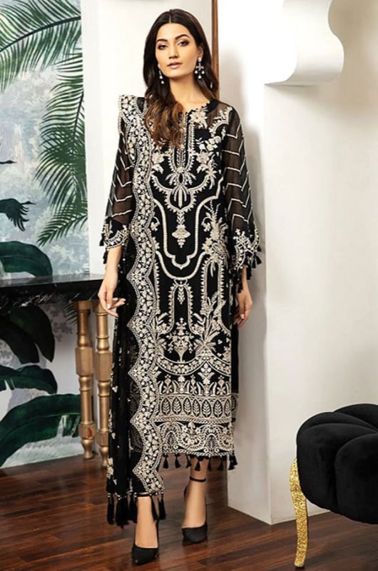 Black Embroidered Organza Pant Kameez