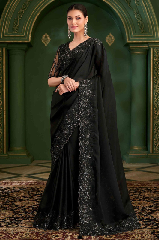 Black Embroidered Satin Georgette Saree