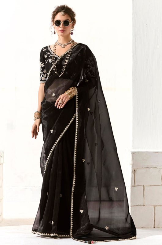Black Embroidered Tissue Designer Saree