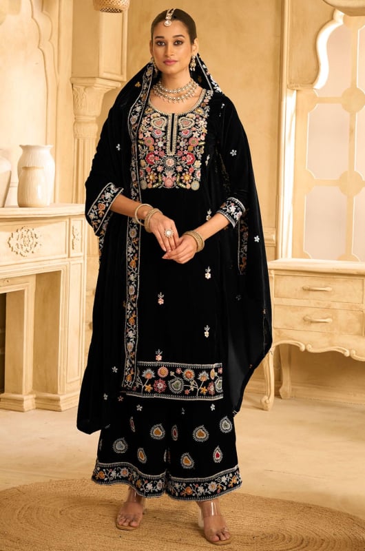 Black Embroidered Velvet Palazzo Kameez