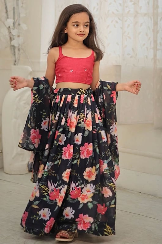 Black Faux Georgette Digital Printed Lehenga Choli for Girls