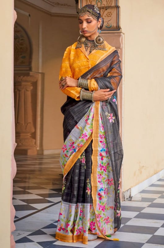 Black Floral Print Linen Kora Saree