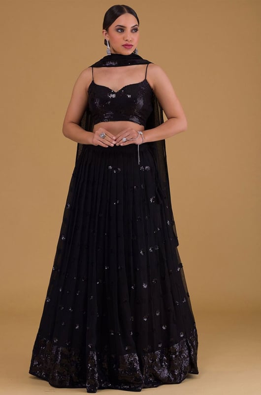 Black Georgette Embroidered Lehenga Choli Set
