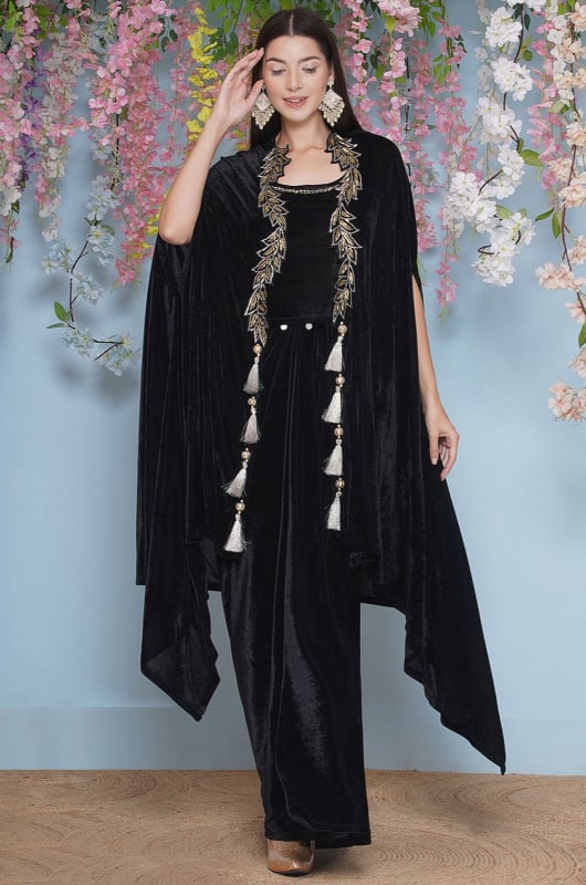 Black Hand Embellished Cape with Skirt