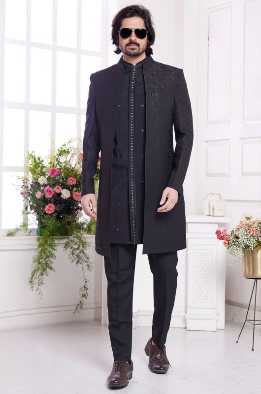 Black Jacquard Art Silk IndoWestern