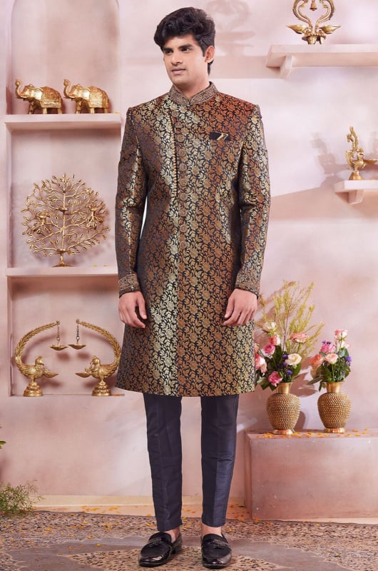 Black Jacquard Banarasi Silk Designer Sherwani