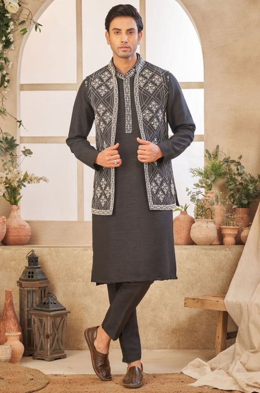 Black Kurta with Pant and Jacket