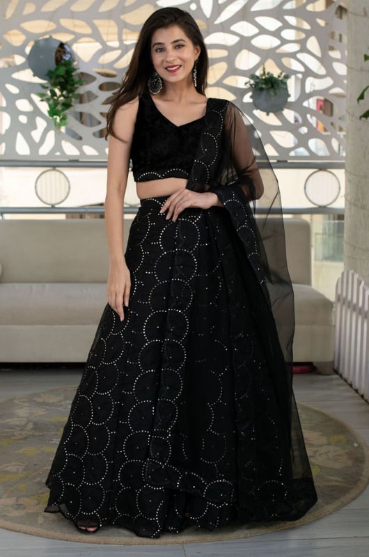 Black Organza Net Sequins Embroidered Lehenga Choli Set for Wedding