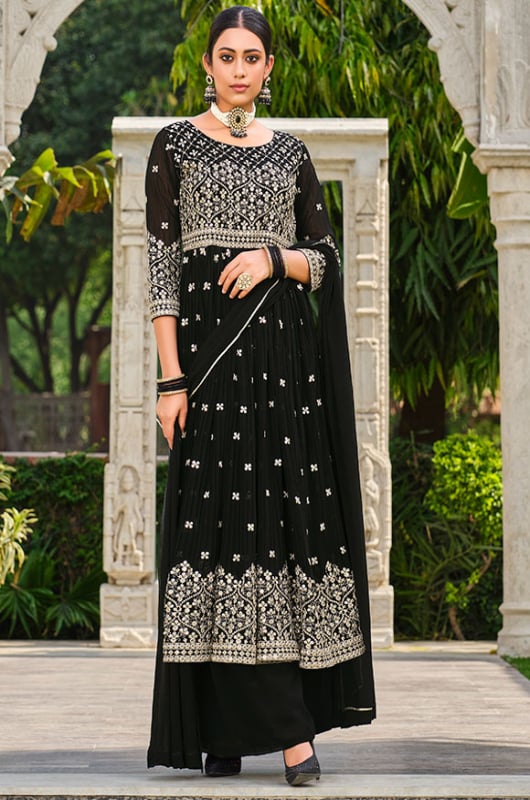 Black Pure Faux Georgette Palazzo Kameez Suit